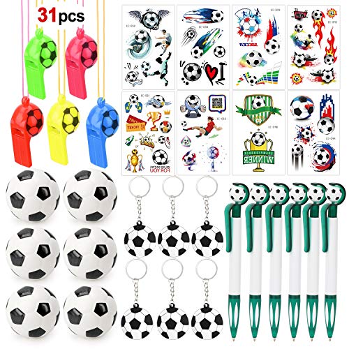HOWAF Artículos de Fiesta fútbol Cumpleaños Niños, 31 Piezas fútbol silbatos fútbol Llavero bolígrafos de Gel balones fútbol Tatuajes Temporales para Niños Fiesta Cumpleaños Regalo Piñata Juguetes