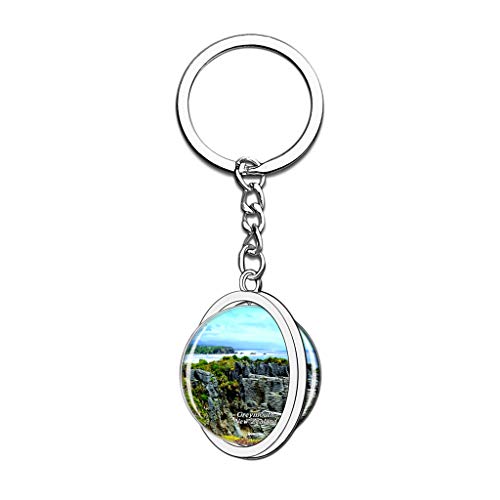 Hqiyaols Keychain Nueva Zelanda Punakaiki Pancake Rock y Blowhole Greymouth Cristal Girar Acero Inoxidable Llavero Viajes Ciudad Recuerdo Llavero
