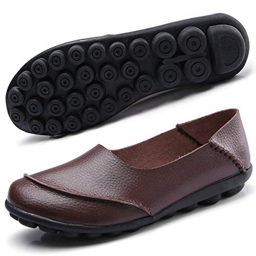 Hsyooes Mocasín de Cuero Mujer Loafers Cómodo y Antideslizante Barco Zapatos para Mujer Zapatos de Conducción