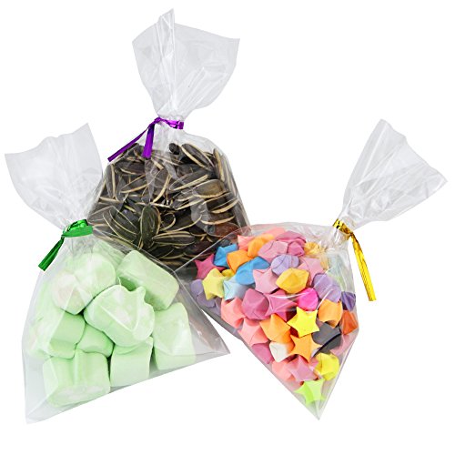 HTINAC 300pcs Bolsas de Celofán, Transparentes Bolsas Celofán Lazos de 8 Colores, para Regalo Bolsa, Bolsa de Dulces, Chocolate, Galletas, 11*15cm （400pcs Alambre Metálico Decorativo）