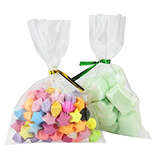 HTINAC 300pcs Bolsas de Celofán, Transparentes Bolsas Celofán Lazos de 8 Colores, para Regalo Bolsa, Bolsa de Dulces, Chocolate, Galletas, 11*15cm （400pcs Alambre Metálico Decorativo）