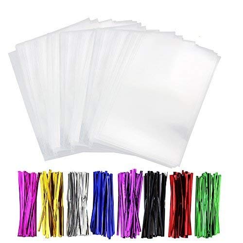 HTINAC 300pcs Bolsas de Celofán, Transparentes Bolsas Celofán Lazos de 8 Colores, para Regalo Bolsa, Bolsa de Dulces, Chocolate, Galletas, 11*15cm （400pcs Alambre Metálico Decorativo）