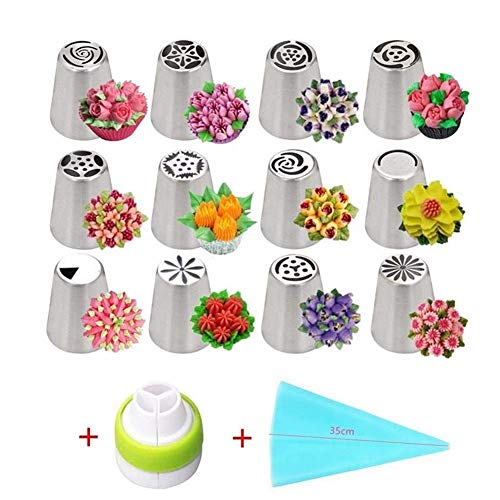 HTTSUNG Boquillas Rusas de Reposteria,14pcs Boquillas para Manga pastelera,Set Decoración de Cupcakes y Tartas,Incluir 14 Boquillas,1 Acopladores,1 Bolsa Silicona Reutilizable