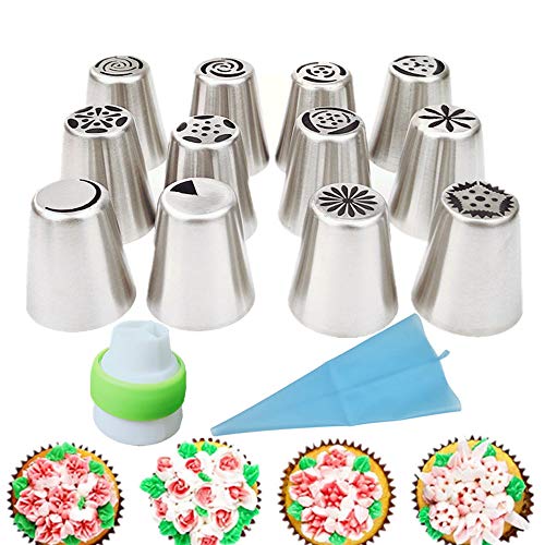 HTTSUNG Boquillas Rusas de Reposteria,14pcs Boquillas para Manga pastelera,Set Decoración de Cupcakes y Tartas,Incluir 14 Boquillas,1 Acopladores,1 Bolsa Silicona Reutilizable