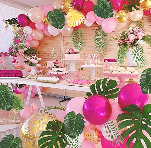 HUAESIN 70pcs Hoja Palmera Artificial Decoracion 10 Tipos Hojas Tropicales Artificiales Palma Planta Verde para Imitación Hawaiana Luau Party Selva Playa Tema Fiesta Boda Exterior Interior
