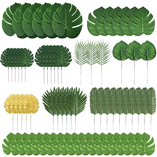 HUAESIN 70pcs Hoja Palmera Artificial Decoracion 10 Tipos Hojas Tropicales Artificiales Palma Planta Verde para Imitación Hawaiana Luau Party Selva Playa Tema Fiesta Boda Exterior Interior