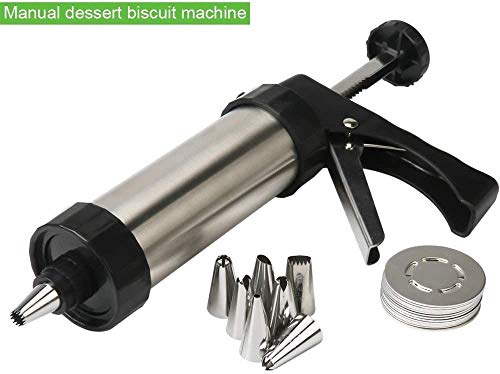 HUAFA Pistolas para Hacer Galletas 25.5cm /10" x 13cm / 5.1" Acero Inoxidable Pistola para Decoración de Tartas y Galletas con 8 Boquillas de Glaseado y 13 Discos de Moldes para Galletas (22 Piezas)