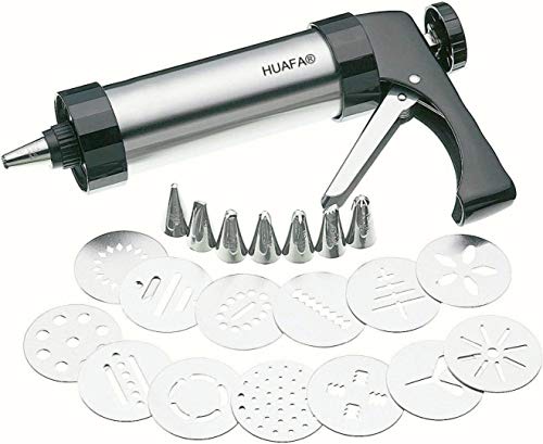 HUAFA Pistolas para Hacer Galletas 25.5cm /10" x 13cm / 5.1" Acero Inoxidable Pistola para Decoración de Tartas y Galletas con 8 Boquillas de Glaseado y 13 Discos de Moldes para Galletas (22 Piezas)