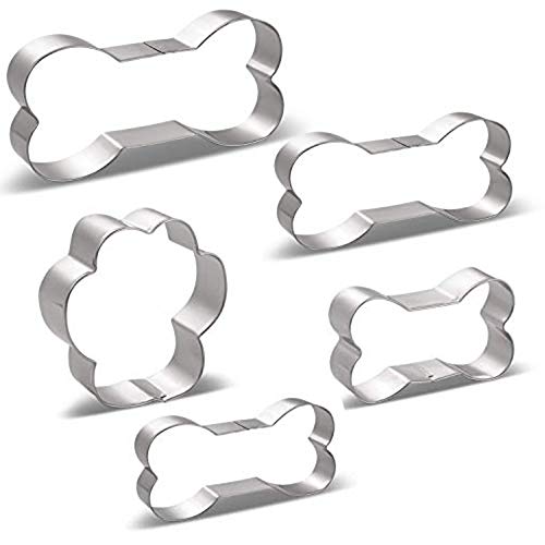 Hueso Forma Cortador de Galletas - 5 Piezas - Huesos de Perro 4 Varios Tamaños, Grande / 13.46cm, Mediano / 11.43cm, Pequeño / 9.9cm, Mini / 7.62cm y Huella Forma - Acero Inoxidable