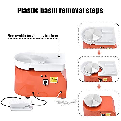 HUKOER Rueda de cerámica eléctrica naranja, máquina formadora de ruedas de cerámica 350W 25CM con pedales y lavabo desmontable, con 8 piezas de juego de cuchillos de arcilla (certificado CE)