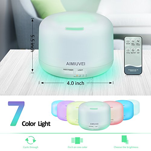 Humidificador Aromaterapia Ultrasónico con Control Remoto, AIMIUVEI Difusor de Aceites Esenciales 300ml，Purificador Aire Vapor Frío con 7 Colores de LED y 2 Opciones de Niebla para Bebé Yoga Oficina