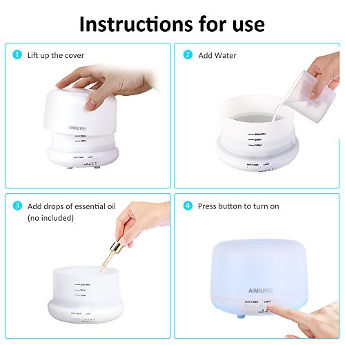 Humidificador Aromaterapia Ultrasónico con Control Remoto, AIMIUVEI Difusor de Aceites Esenciales 300ml，Purificador Aire Vapor Frío con 7 Colores de LED y 2 Opciones de Niebla para Bebé Yoga Oficina