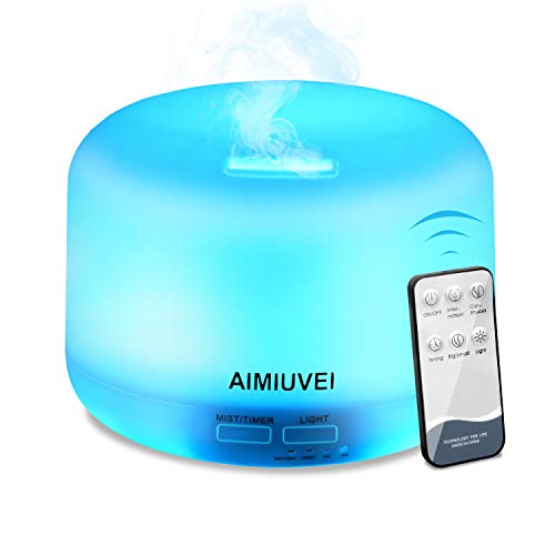 Humidificador Aromaterapia Ultrasónico con Control Remoto, AIMIUVEI Difusor de Aceites Esenciales 300ml，Purificador Aire Vapor Frío con 7 Colores de LED y 2 Opciones de Niebla para Bebé Yoga Oficina
