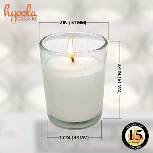 Hyoola Velas votivas Blancas – Vasos de Cristal Transparente, sin Perfume, Extra Largo 15 Horas de Tiempo de combustión – para Decoraciones de Fiestas, cumpleaños, Bodas y centros de Mesa