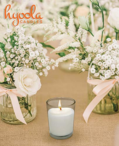 Hyoola Velas votivas Blancas – Vasos de Cristal Transparente, sin Perfume, Extra Largo 15 Horas de Tiempo de combustión – para Decoraciones de Fiestas, cumpleaños, Bodas y centros de Mesa