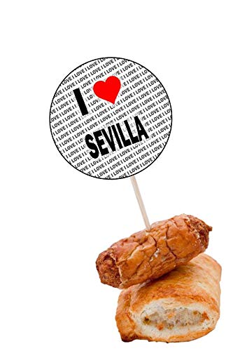 I Love Sevilla – Alimento para fiestas – Cupcakes – Palillos – Banderas de alimentos – Decoraciones de pie (14 unidades)