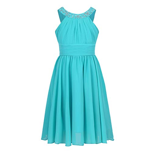 IEFIEL Vestido Corto De Comunión para Niña (4-14 Años) Infantil Vestido De Fiesta Ceremonia Boda Dama de Honor Sin Mangas Cuello Redondo Turquesa 12 años