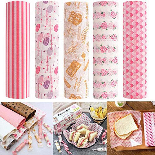 IETONE 5 Rollos Papel de Cera con Cortador de Papel de Envolver, 250 Hojas Envoltorios Papel de Grasa de Grado Alimenticio para Pan Sandwich Hamburguesa Papas Fritas
