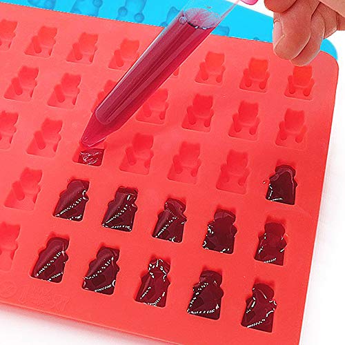IHUIXINHE Moldes de silicona para caramelos, 4 unidades, colorido, con 2 cuentagotas, para hacer caramelos, gelatina, galletas, chocolate y hielos de sabor, 50 cavidades por bandeja