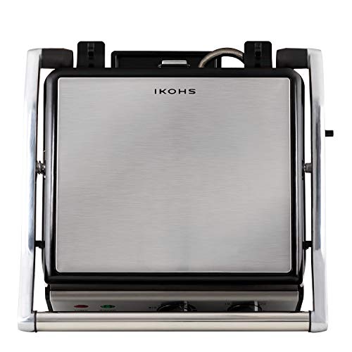 IKOHS Stone Grill Pro - Sandwichera Grill, 2000 W, hasta 4 Tostadas, Revestimiento Antiadherente Cerámica, Apertura de 180º, Altura Adaptable, Asa No Transmite Calor, Libre de BPA, Color Gris