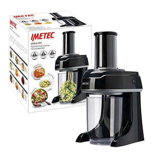 Imetec SP 100 Spiralizer eléctrico, rebanador de verduras en espiral, rebanador de verduras en 3 formas Spaghetti, Tagliatelle, Pappardelle, acero inoxidable, sin BPA 500 ml, sistema de seguridad