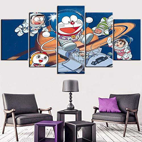 Impresiones sobre Lienzo 5 Piezas,Doraemon Lunar Adventure Anime Creativo Cartel Sala De Estar HD Modular Arte De La Pared Moderno Decoración del Hogar Tamaño C Sin Marco