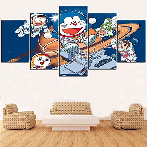 Impresiones sobre Lienzo 5 Piezas,Doraemon Lunar Adventure Anime Creativo Cartel Sala De Estar HD Modular Arte De La Pared Moderno Decoración del Hogar Tamaño C Sin Marco