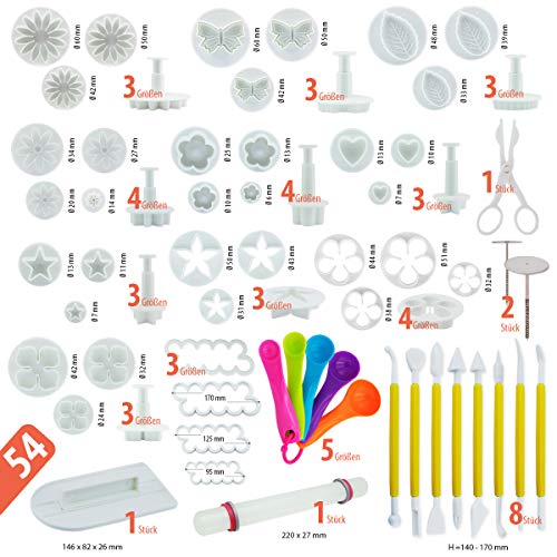int!rend - Set Jumbo de cortadores para decoracíon de pasteles | 94 Piezas set incluye Signos de Puntuación, Letras, Números, Rosas, Estrellas, Mariposas, flores y otros motivos para tartas creativas