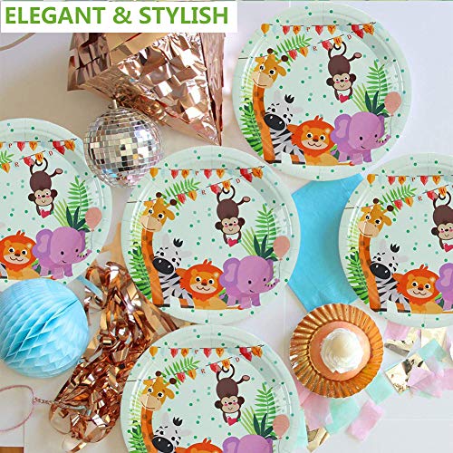 INTVN 62pcs 10 Invitados Vajilla de Papel Diseño Animal Jungla Mono, león, Cebra, Jirafa Vajilla de Hawaianos Platos Vasos para Tema Forestal Baby Shower Fiesta de cumpleaños Infantil