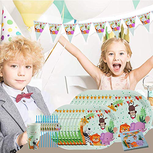 INTVN 62pcs 10 Invitados Vajilla de Papel Diseño Animal Jungla Mono, león, Cebra, Jirafa Vajilla de Hawaianos Platos Vasos para Tema Forestal Baby Shower Fiesta de cumpleaños Infantil