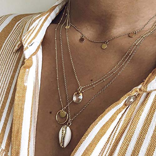 Inveroo Vintage Oro Color Cáscara Oblea Cristal Colgante Collar para Mujeres Chica Círculo Multi Capa Collar Collar