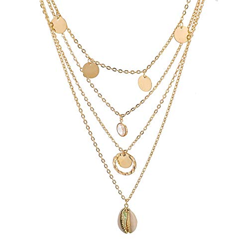 Inveroo Vintage Oro Color Cáscara Oblea Cristal Colgante Collar para Mujeres Chica Círculo Multi Capa Collar Collar