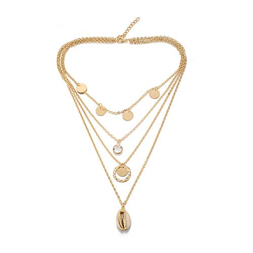 Inveroo Vintage Oro Color Cáscara Oblea Cristal Colgante Collar para Mujeres Chica Círculo Multi Capa Collar Collar