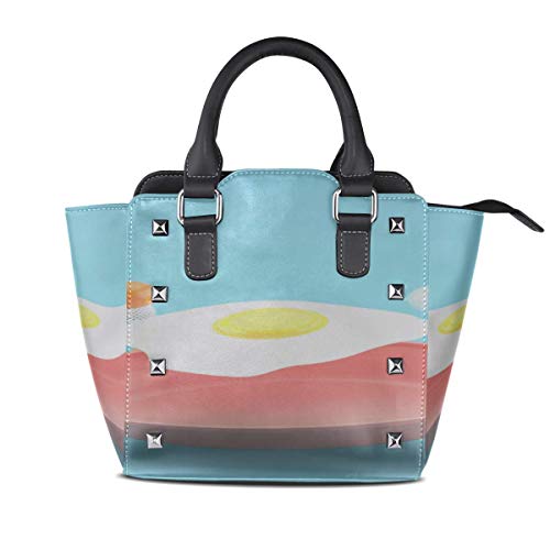 IUBBKI Bolso de mano grande Huevo frito sartén voladora entre coloridos bolsos con asa personalizada Remache de cuero Pu Impresión de moda portátil Agua