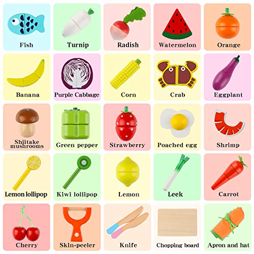 Jacootoys Juguetes de Corte de Madera Magnéticos Frutas y Verduras Juego de Alimentos con Delantal y Gorro de Cocinero para Niños Niñas