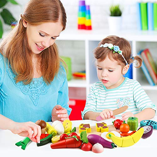 Jacootoys Juguetes de Corte de Madera Magnéticos Frutas y Verduras Juego de Alimentos con Delantal y Gorro de Cocinero para Niños Niñas