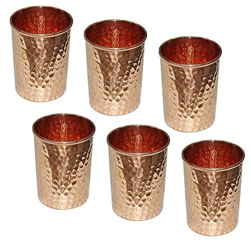 Jarra de cobre martillado y 6 vasos de cristal, almacenamiento y servir, restaurante, hotel, hogar, juego de 7 piezas