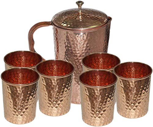 Jarra de cobre martillado y 6 vasos de cristal, almacenamiento y servir, restaurante, hotel, hogar, juego de 7 piezas