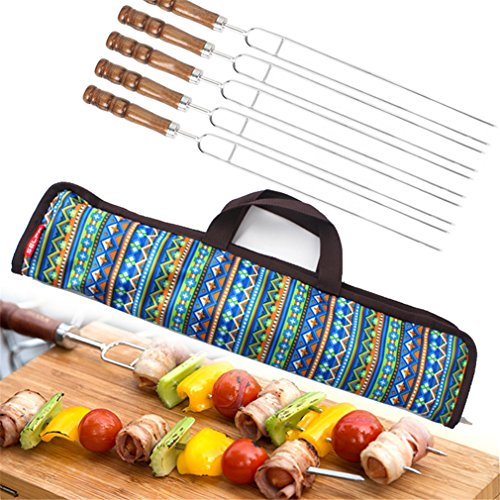 JasCherry Pinchos del BBQ del Acero Inoxidable 5 Piezas - Parrilla de brocheta de Barbacoa Profesional Herramienta - 42CM de Largo