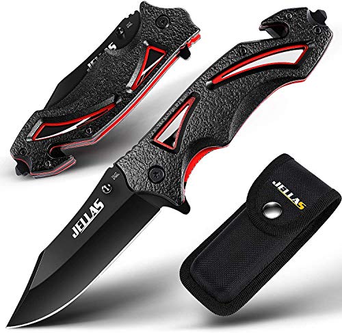 Jellas Cuchillo Plegable de Bolsillo 4-1 Navaja para Hombres y Mujeres 7Cr17 Acero Inoxidable, Cuchillo de Supervivencia de Aluminio y Bolsa de Cinturón, para Pesca, Senderismo, Camping
