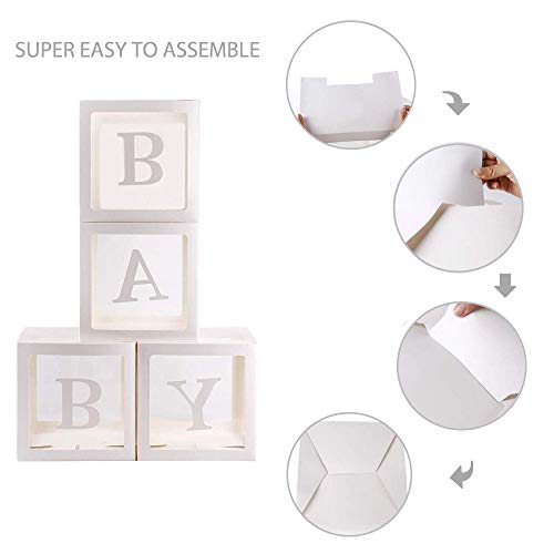 Jewaytec Baby Shower Decorations Box Blocks, 4Pcs Cajas de globos Transparentes Grandes con Bloques de Baby Shower Letter Para Artículos de Fiesta, Cumpleaños de bebé (20 Globos Incluidos)