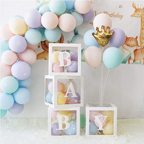Jewaytec Baby Shower Decorations Box Blocks, 4Pcs Cajas de globos Transparentes Grandes con Bloques de Baby Shower Letter Para Artículos de Fiesta, Cumpleaños de bebé (20 Globos Incluidos)