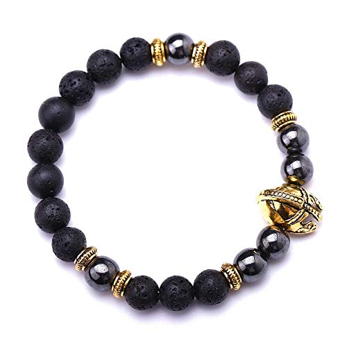 JIAXUN Pulseras Piedras Naturales Cascos electrochapados Cabeza de Leopardo Cuerdas de Mano de Mineral de Hierro Negro Roca volcánica de Lava de 8MM, Regalos de Mujeres, Regalos de Hombres