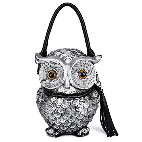 JIYU - Bolso bandolera para mujer, diseño de búhos en 3D, diseño de búho, para mujer, color negro y plateado