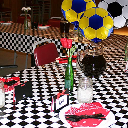 JNCH 20pcs Globos de Fútbol Decoración Fútbol Cumpleaños Globos Fútbol de Foil Papel de Aluminio + Mantel a Cuadros Blanco y Negro Desechablepara Fiesta Temática de Fútbol Cumpleaños Mesa Comunión