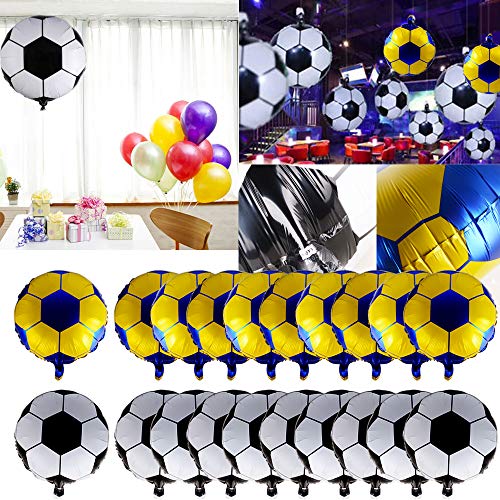 JNCH 20pcs Globos de Fútbol Decoración Fútbol Cumpleaños Globos Fútbol de Foil Papel de Aluminio + Mantel a Cuadros Blanco y Negro Desechablepara Fiesta Temática de Fútbol Cumpleaños Mesa Comunión