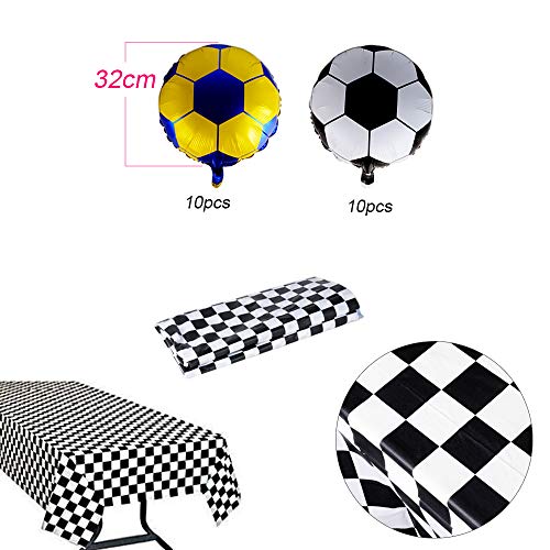 JNCH 20pcs Globos de Fútbol Decoración Fútbol Cumpleaños Globos Fútbol de Foil Papel de Aluminio + Mantel a Cuadros Blanco y Negro Desechablepara Fiesta Temática de Fútbol Cumpleaños Mesa Comunión