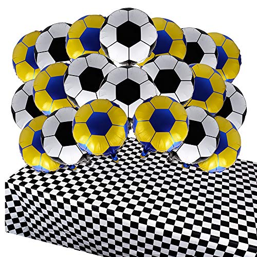 JNCH 20pcs Globos de Fútbol Decoración Fútbol Cumpleaños Globos Fútbol de Foil Papel de Aluminio + Mantel a Cuadros Blanco y Negro Desechablepara Fiesta Temática de Fútbol Cumpleaños Mesa Comunión