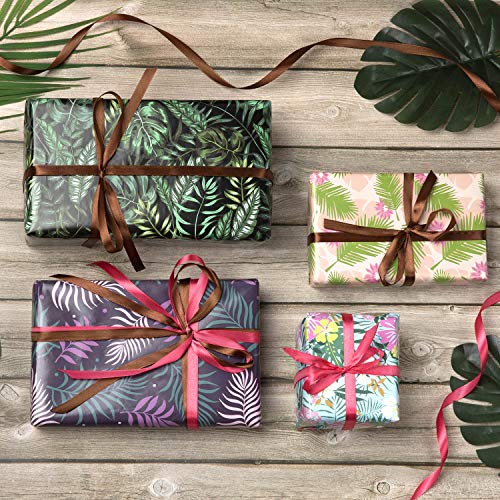 Jolintek Papel de Regalo, 8 Hojas Papel para Envolver Regalos Diseño de Flamencos Tropical Flores Palma Hojas Hoja de Papel de Envoltura de Regalos con 2 Rollo Cinta de Raso para Cumpleaños, Fiesta
