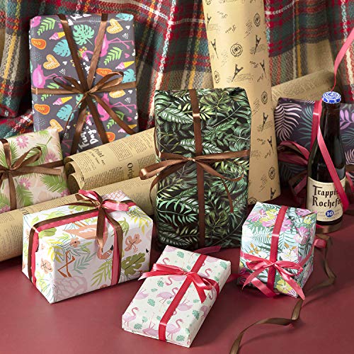Jolintek Papel de Regalo, 8 Hojas Papel para Envolver Regalos Diseño de Flamencos Tropical Flores Palma Hojas Hoja de Papel de Envoltura de Regalos con 2 Rollo Cinta de Raso para Cumpleaños, Fiesta